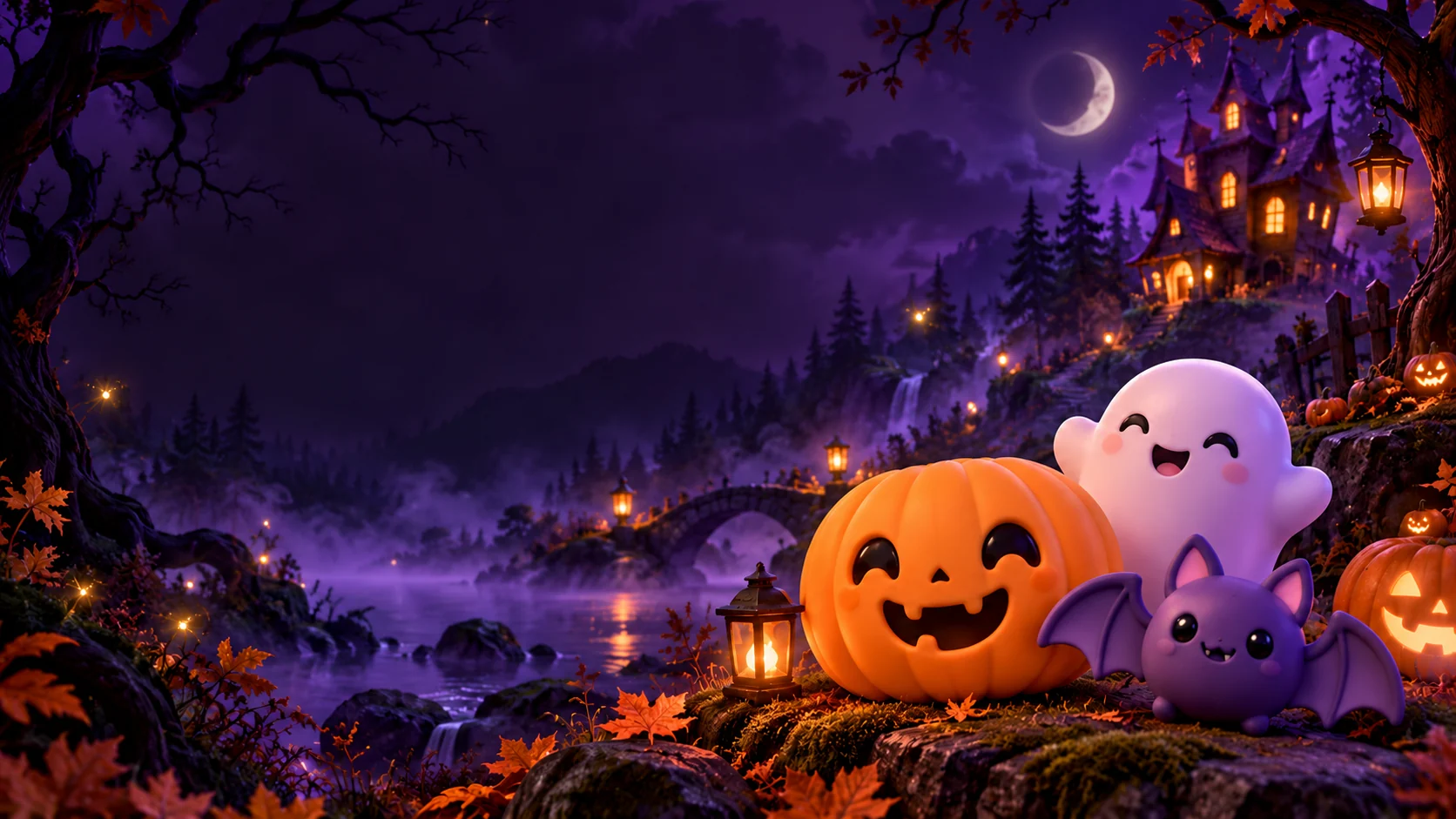 Mundo Halloween con calabaza, fantasma y murciélago Lupiki en un bosque encantado