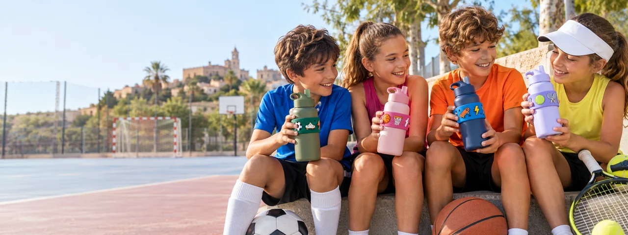 Amigos con sus botellas personalizadas
