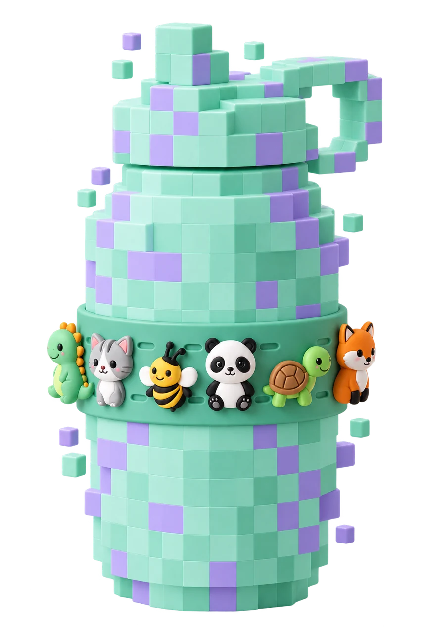 Pixelated bottle as a prop: the green band and its animal Lupiki figures are sharp and already attached